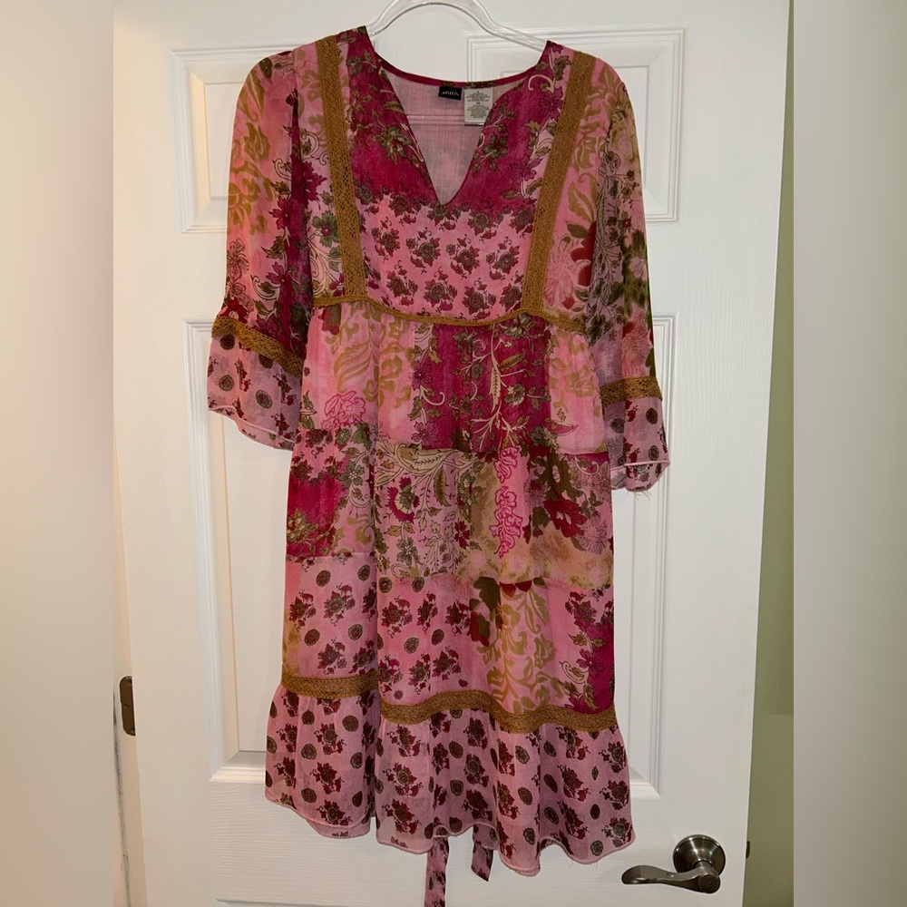 Bila Pink and Red Tiered Sundress with Bishop Sleeves